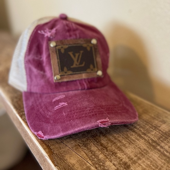 Upcycled Criss Cross Ponytail Baseball Cap w/authentic luxury patch detail - Picture 3 of 4